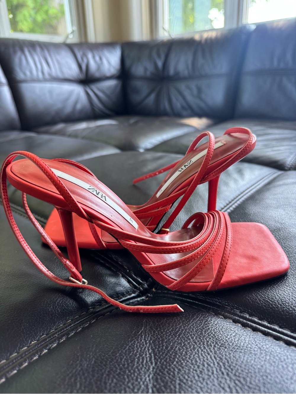 Zara Red Ankle Strap Square Toe Heels